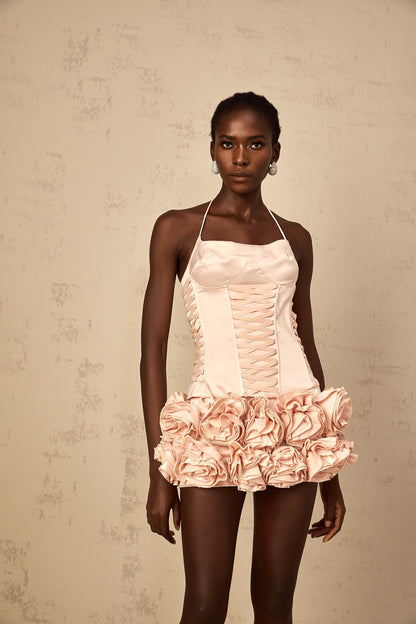 Jeanne pink faux-flower lace-up top & skirt matching set