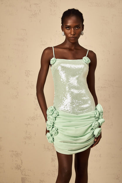 Élise green sequin-embellished floral mini dress