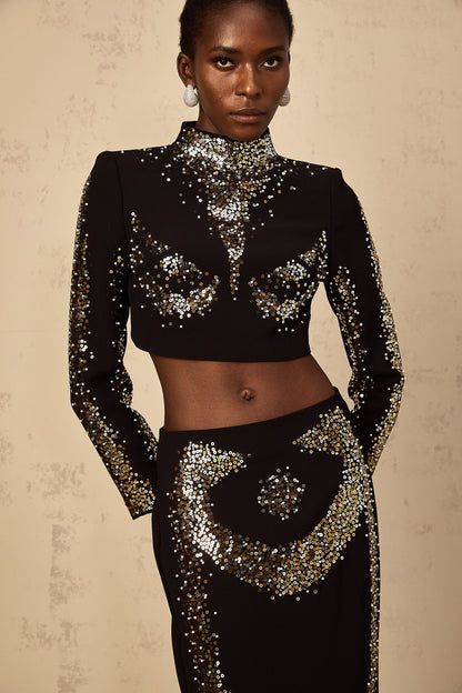 Mahault Black Sequin Embellished Top & Skirt Set