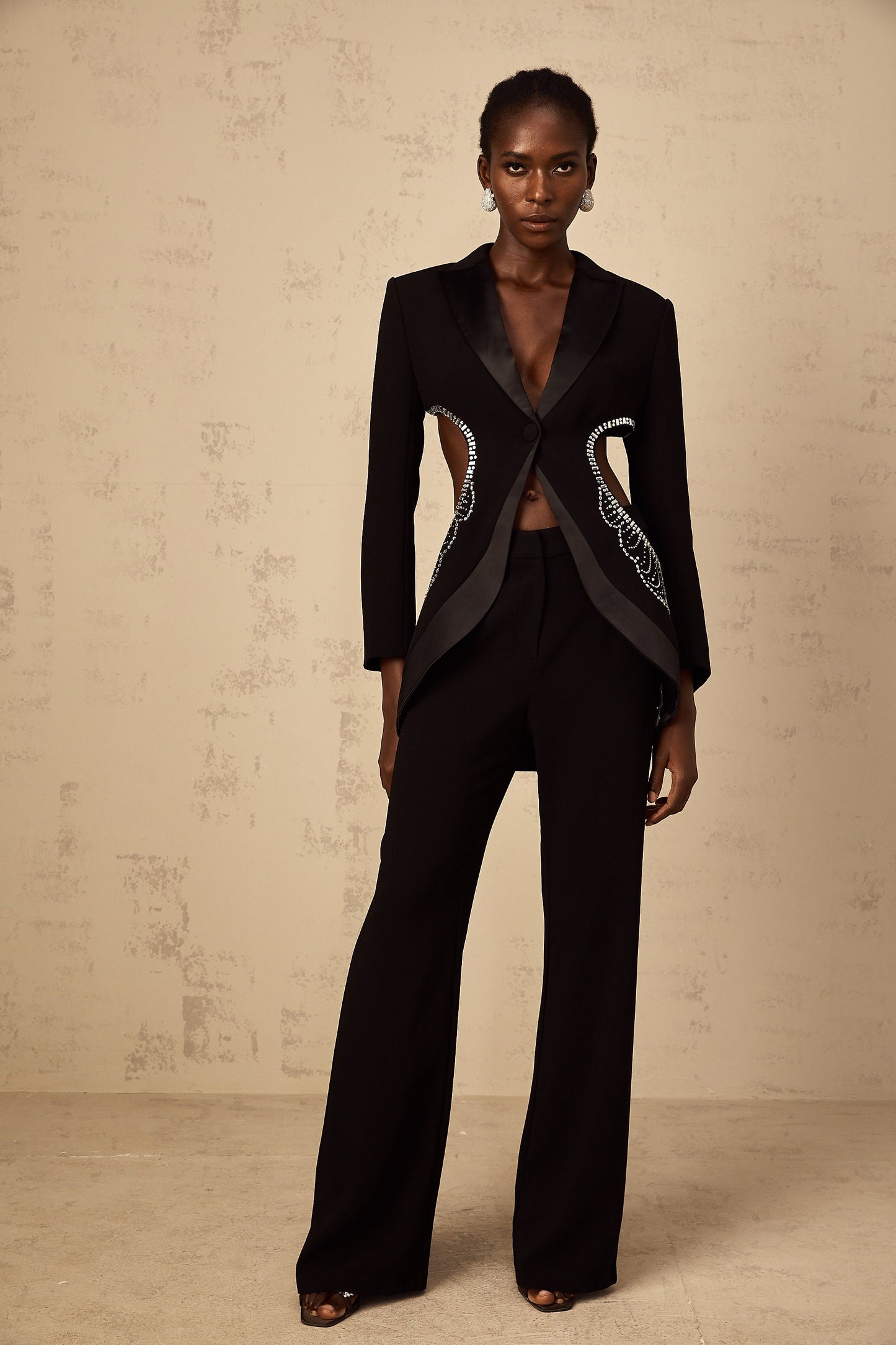 Annabelle Black Cut-Out Embellished Blazer & Trousers Set