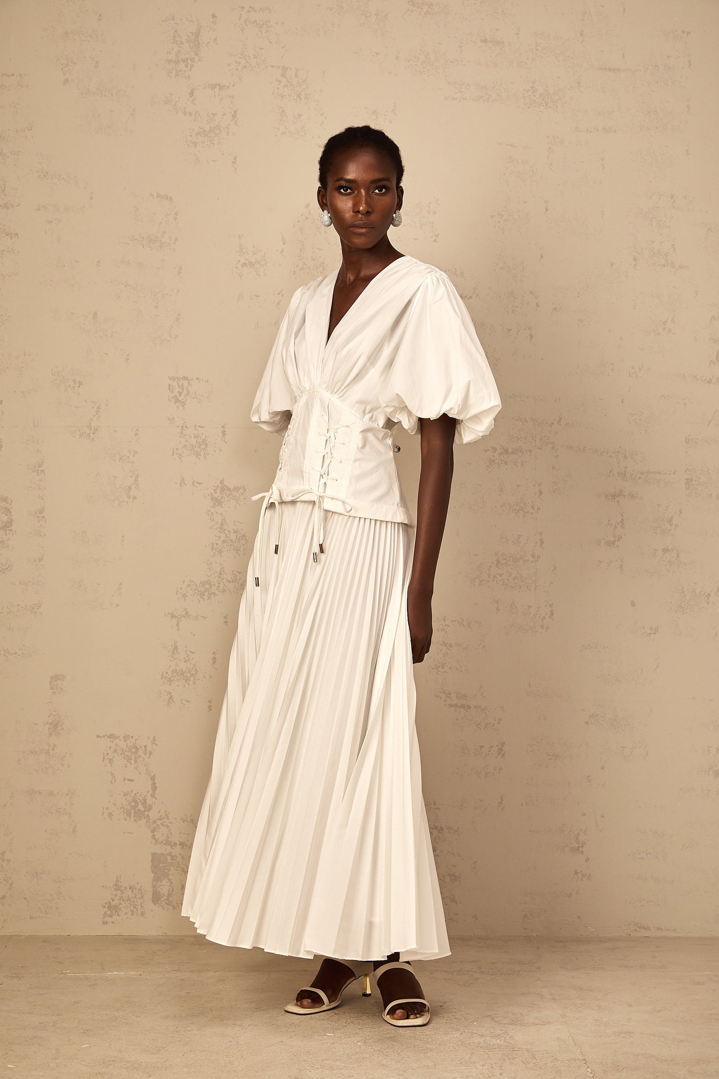 Vienne White Lace-Up Pleated Maxi Dress