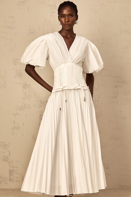 Vienne White Lace-Up Pleated Maxi Dress