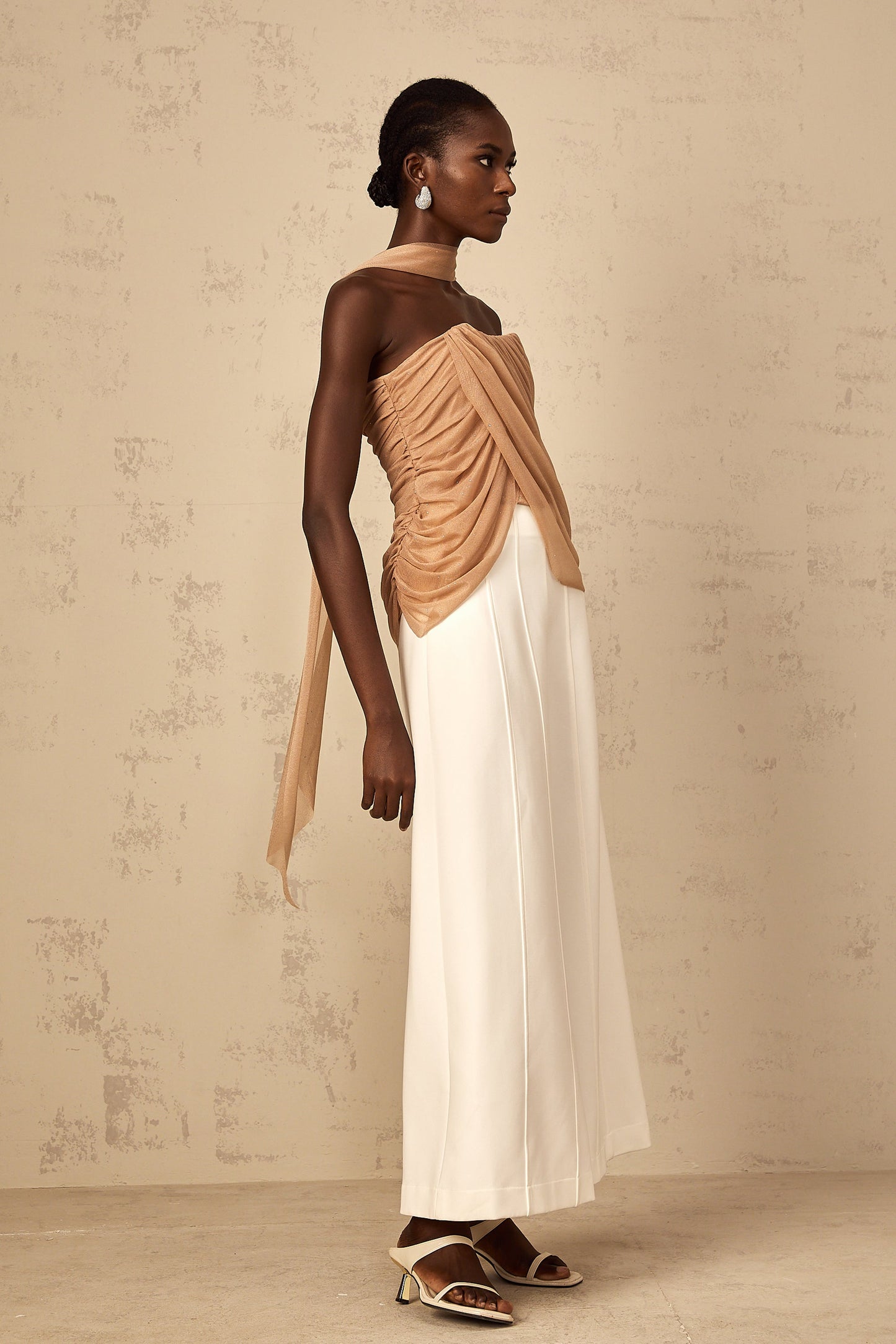 Bérénice brown sequined ruched tulle top