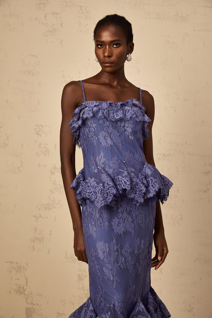 Héloïse Purple Floral Lace Ruffled Maxi Dress