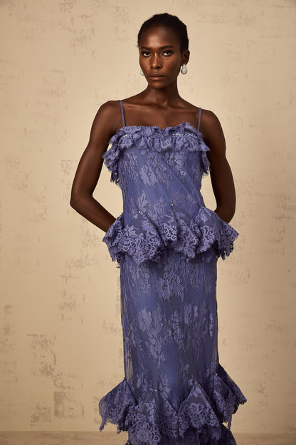 Héloïse Purple Floral Lace Ruffled Maxi Dress