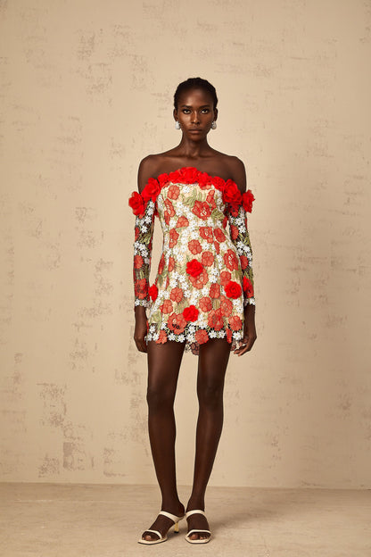 Anaya Red Rose Appliqué Embroidered Mini Dress