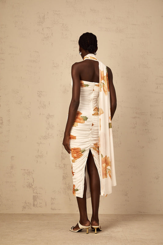 Frida white floral-print ruched tulle midi dress