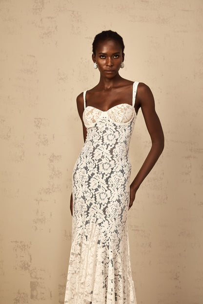 Abbie White Floral Lace Bustier Maxi Dress