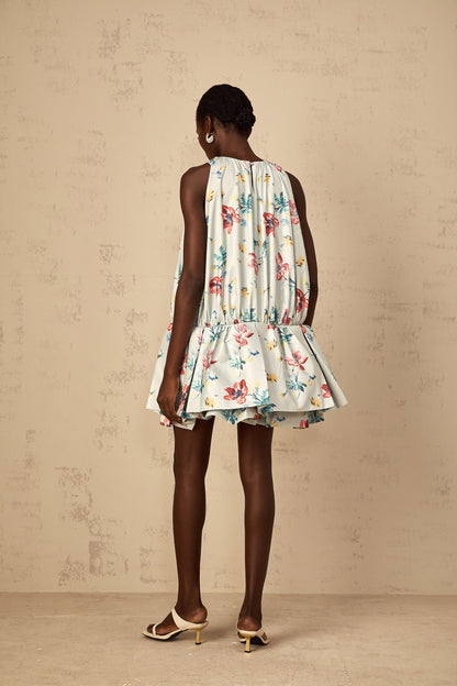 Wendy Green Floral Print Shirred Mini Dress