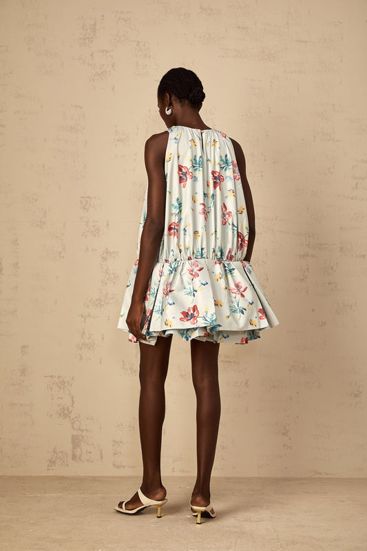 Wendy Green Floral Print Shirred Mini Dress