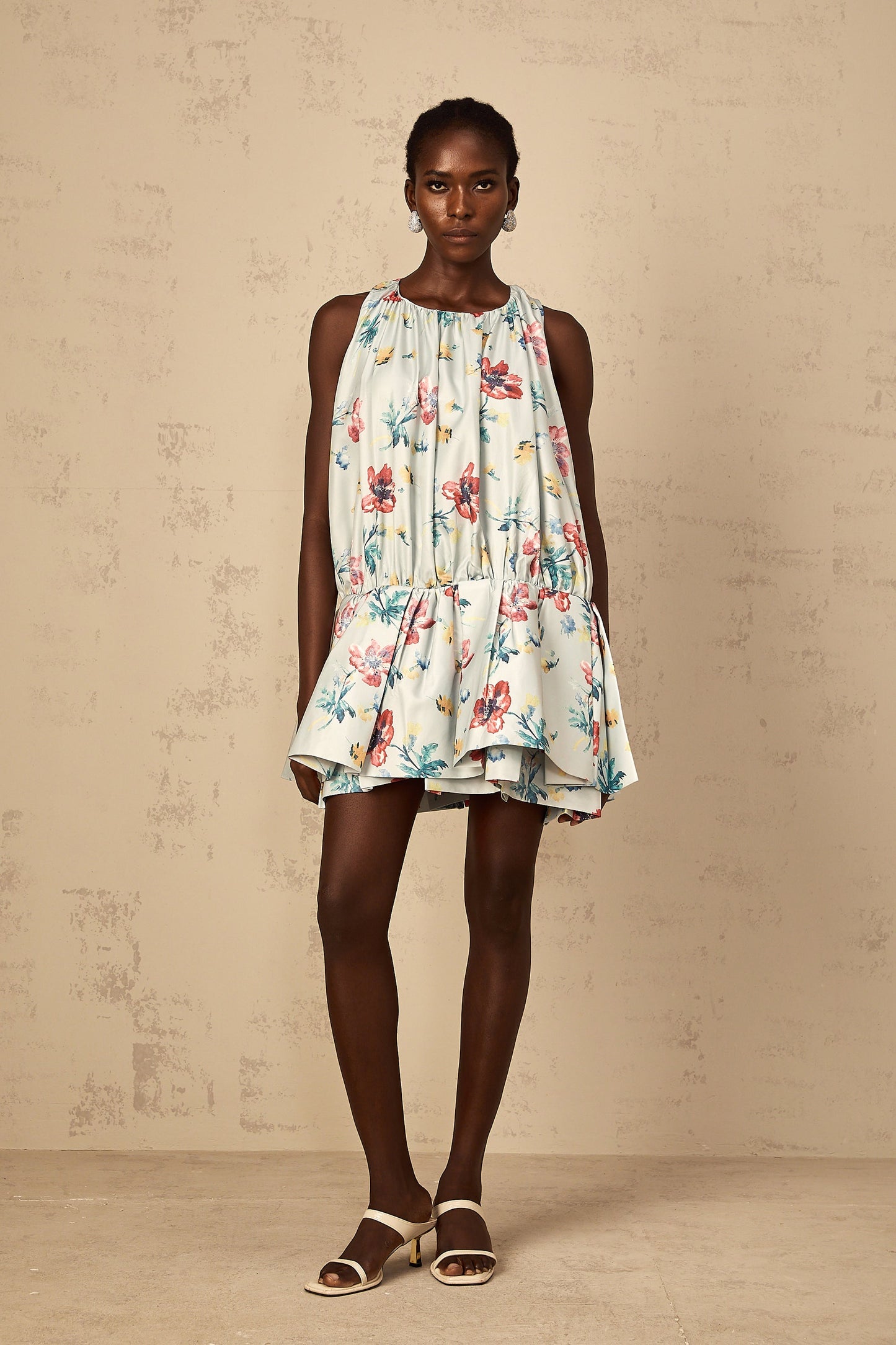 Wendy Green Floral Print Shirred Mini Dress