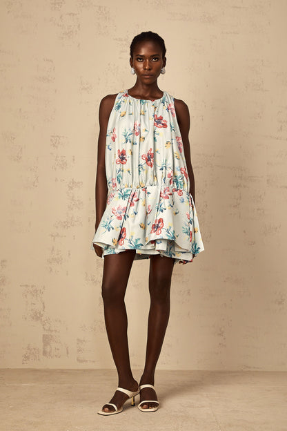 Wendy Green Floral Print Shirred Mini Dress