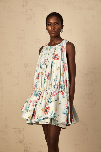 Wendy Green Floral Print Shirred Mini Dress