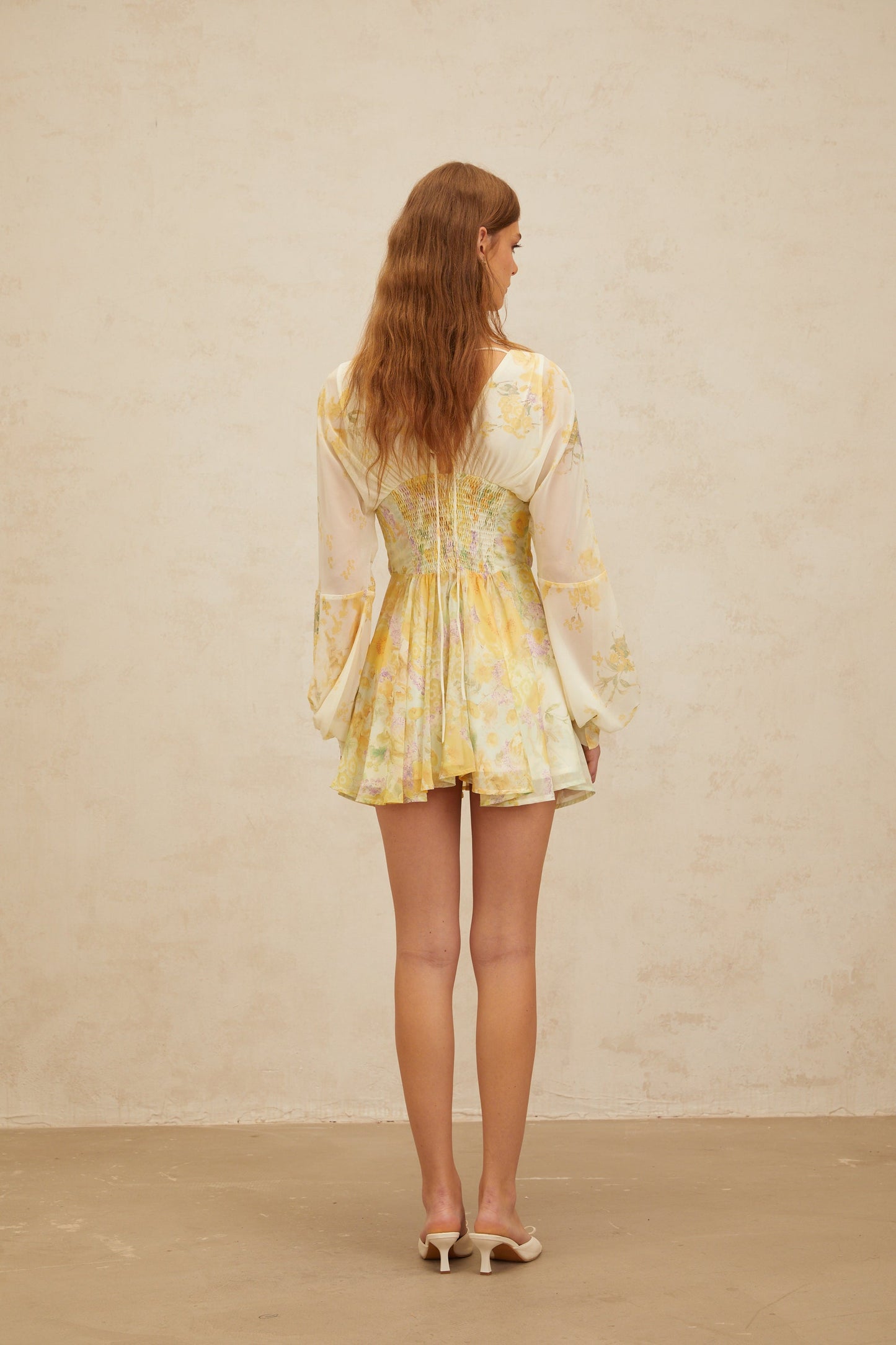 Justine Yellow Bowknot Floral Print Chiffon Mini Dress