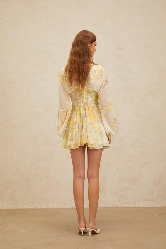 Justine Yellow Bowknot Floral Print Chiffon Mini Dress