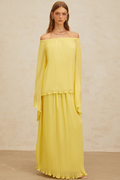 Yseult Yellow Pleated Casual Blouse & Skirt Set