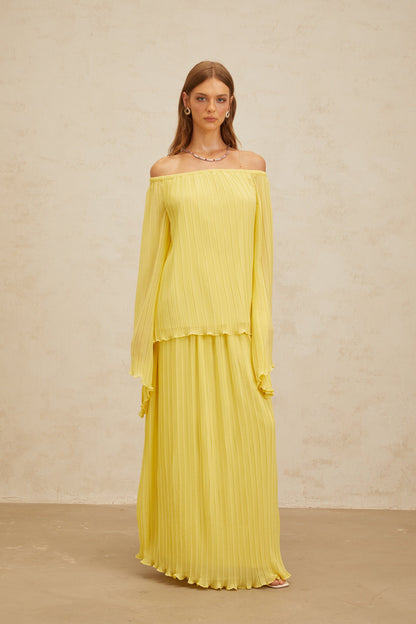 Yseult Yellow Pleated Casual Blouse & Skirt Set