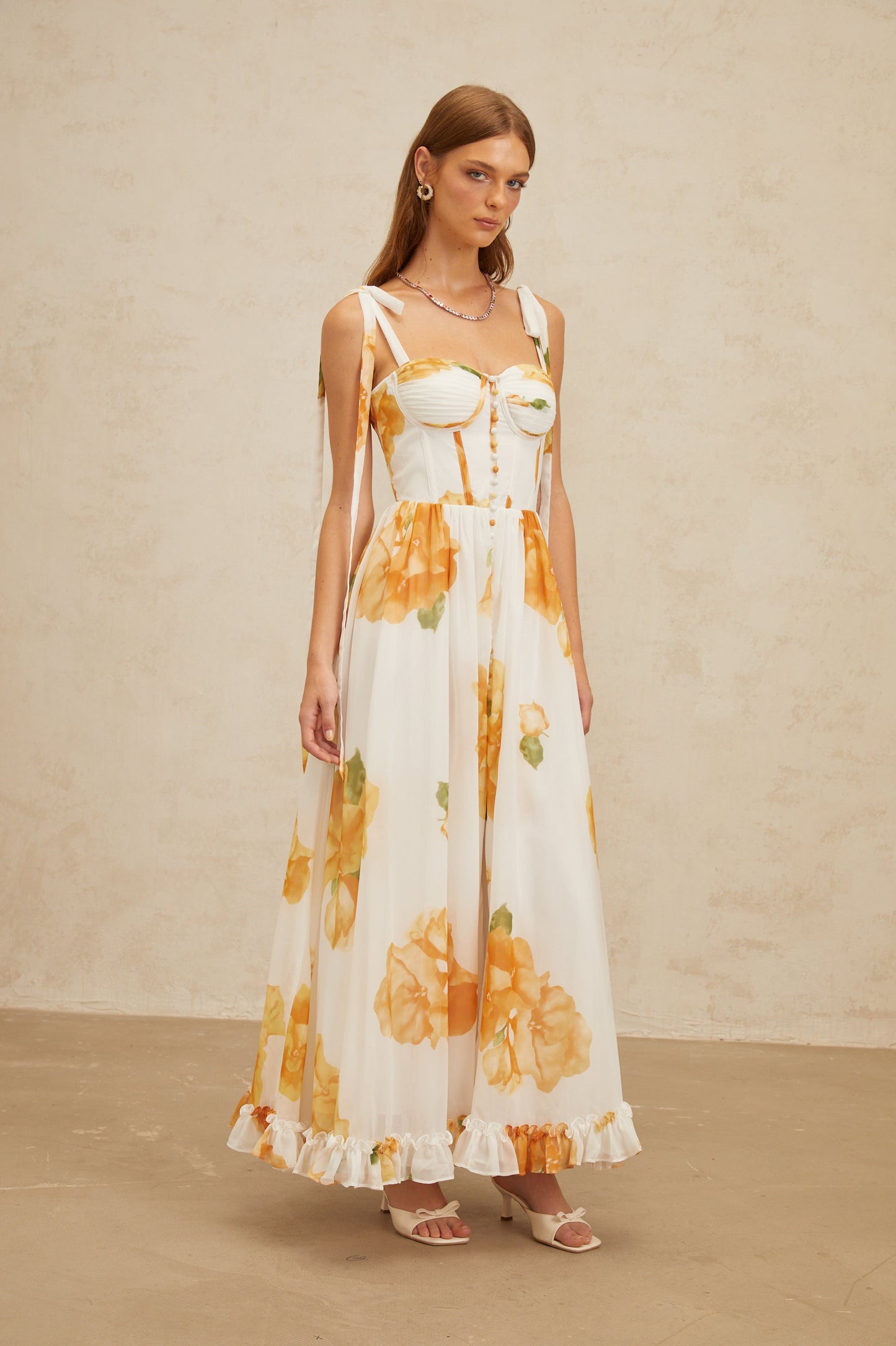 Bérénice White Floral Print Shirred Maxi Dress