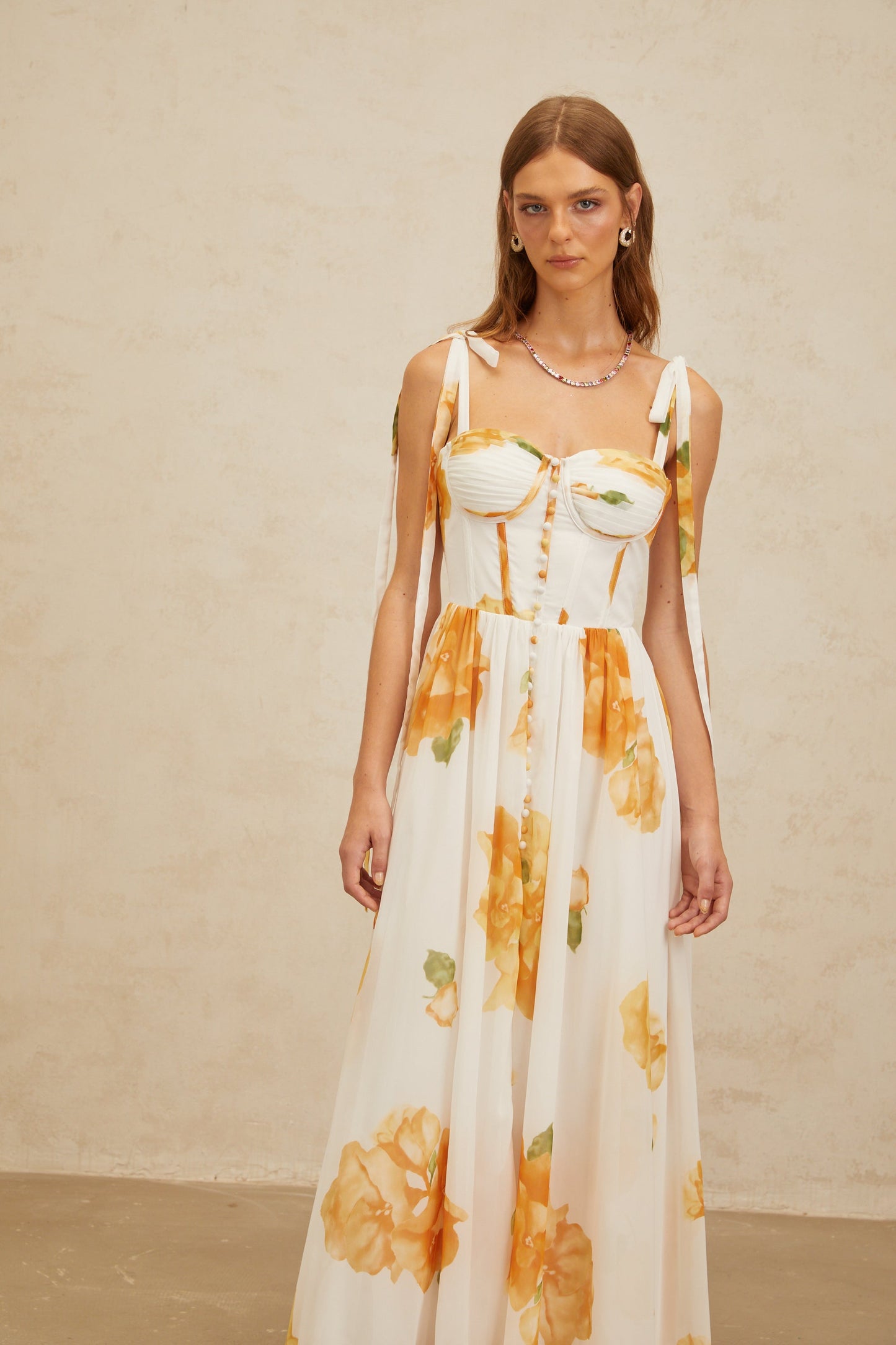 Bérénice White Floral Print Shirred Maxi Dress