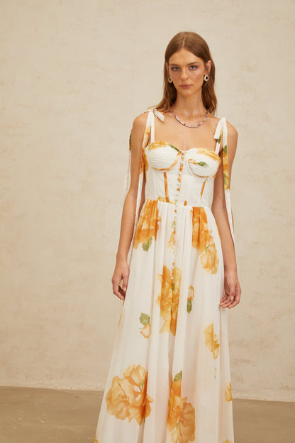 Bérénice White Floral Print Shirred Maxi Dress