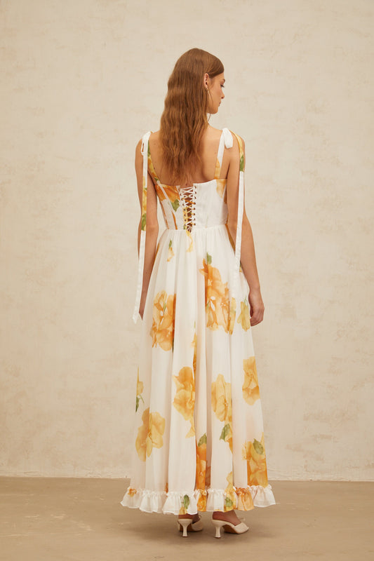 Bérénice White Floral Print Shirred Maxi Dress