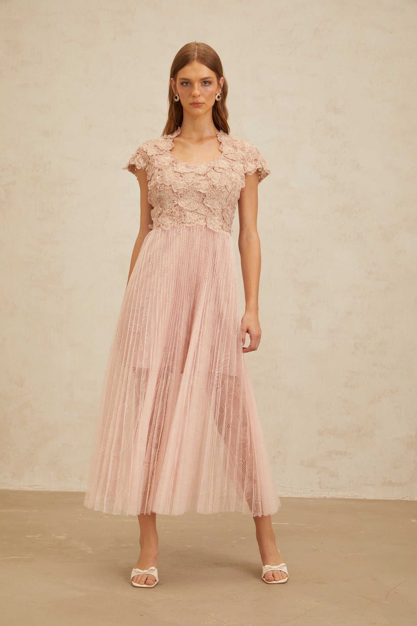 Airelle Pink Floral Embroidered Tulle Midi Dress