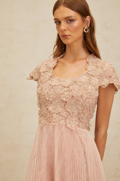 Airelle Pink Floral Embroidered Tulle Midi Dress