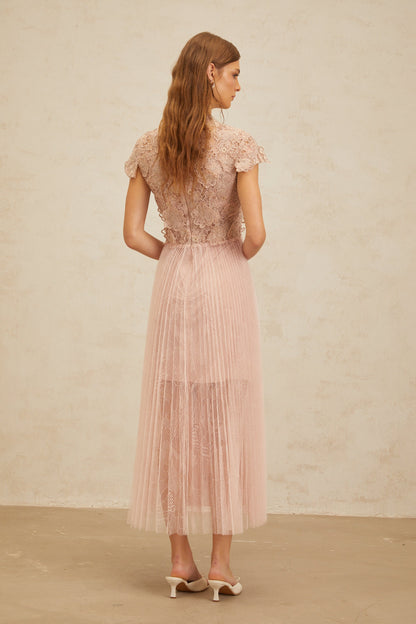 Airelle Pink Floral Embroidered Tulle Midi Dress