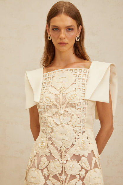 Léa White Floral Appliqué Crochet Mini Dress