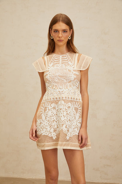 Ophélie Neutral Beaded Floral Crochet Mini Dress