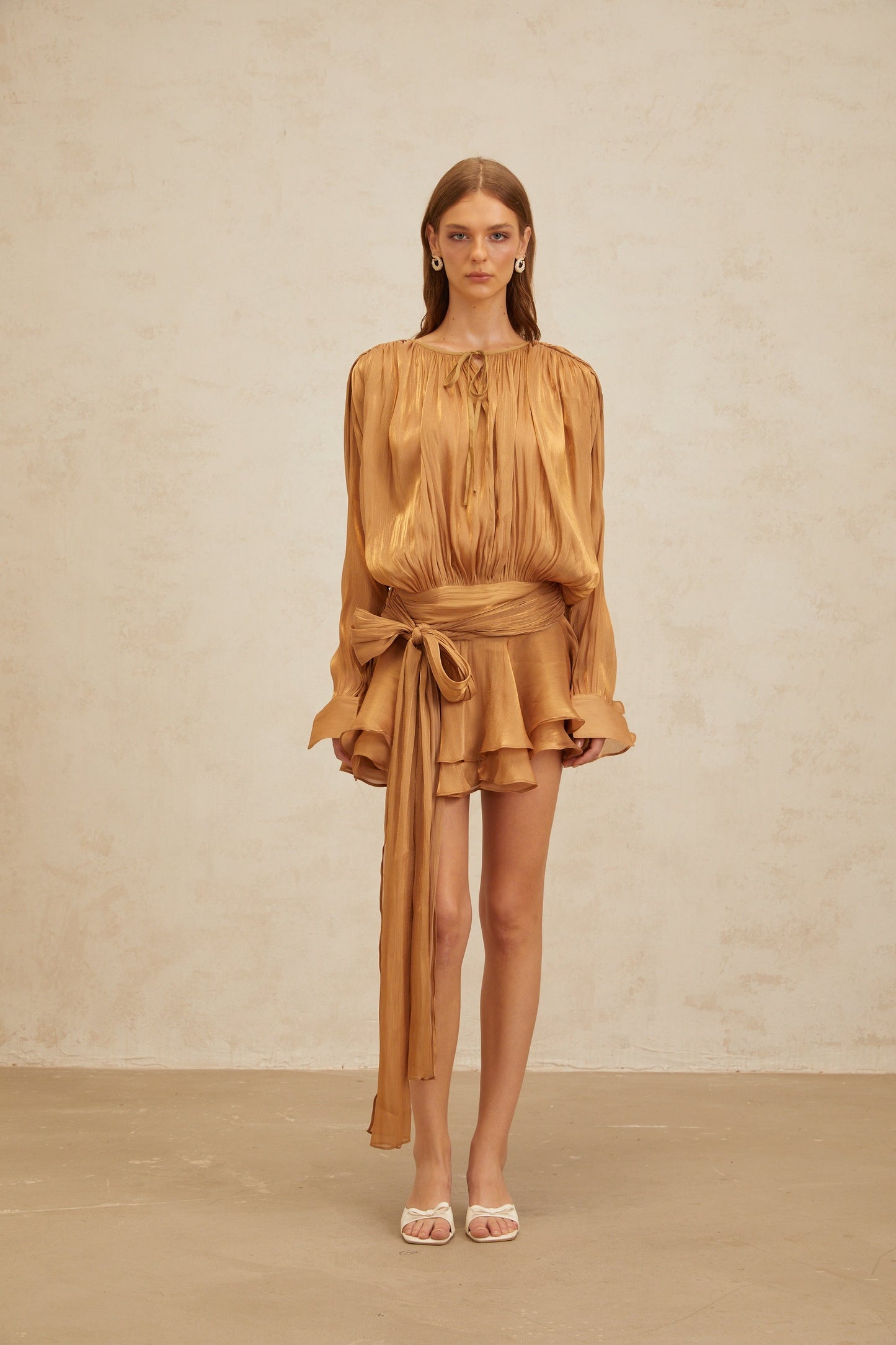 Eugénie Gold Fully Pleated Ruffled Mini Dress