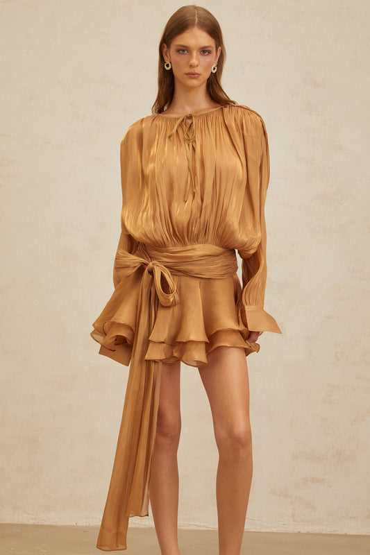 Eugénie Gold Fully Pleated Ruffled Mini Dress