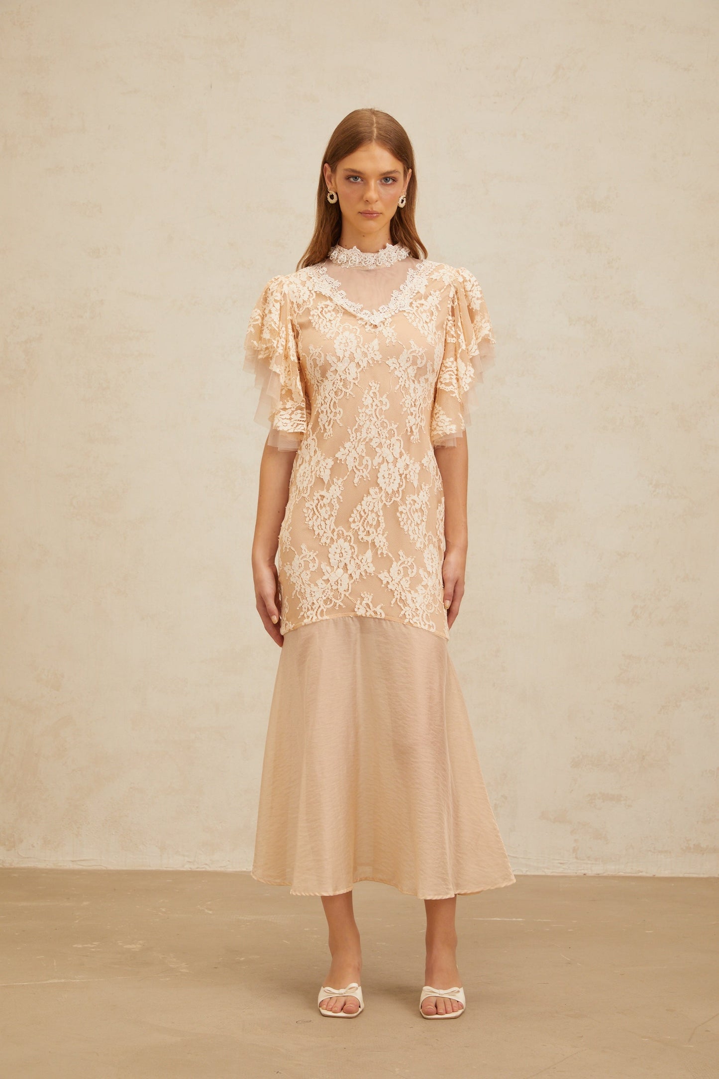 Annabelle Embellished Floral Lace Panelled Midi Dress in Neutrals