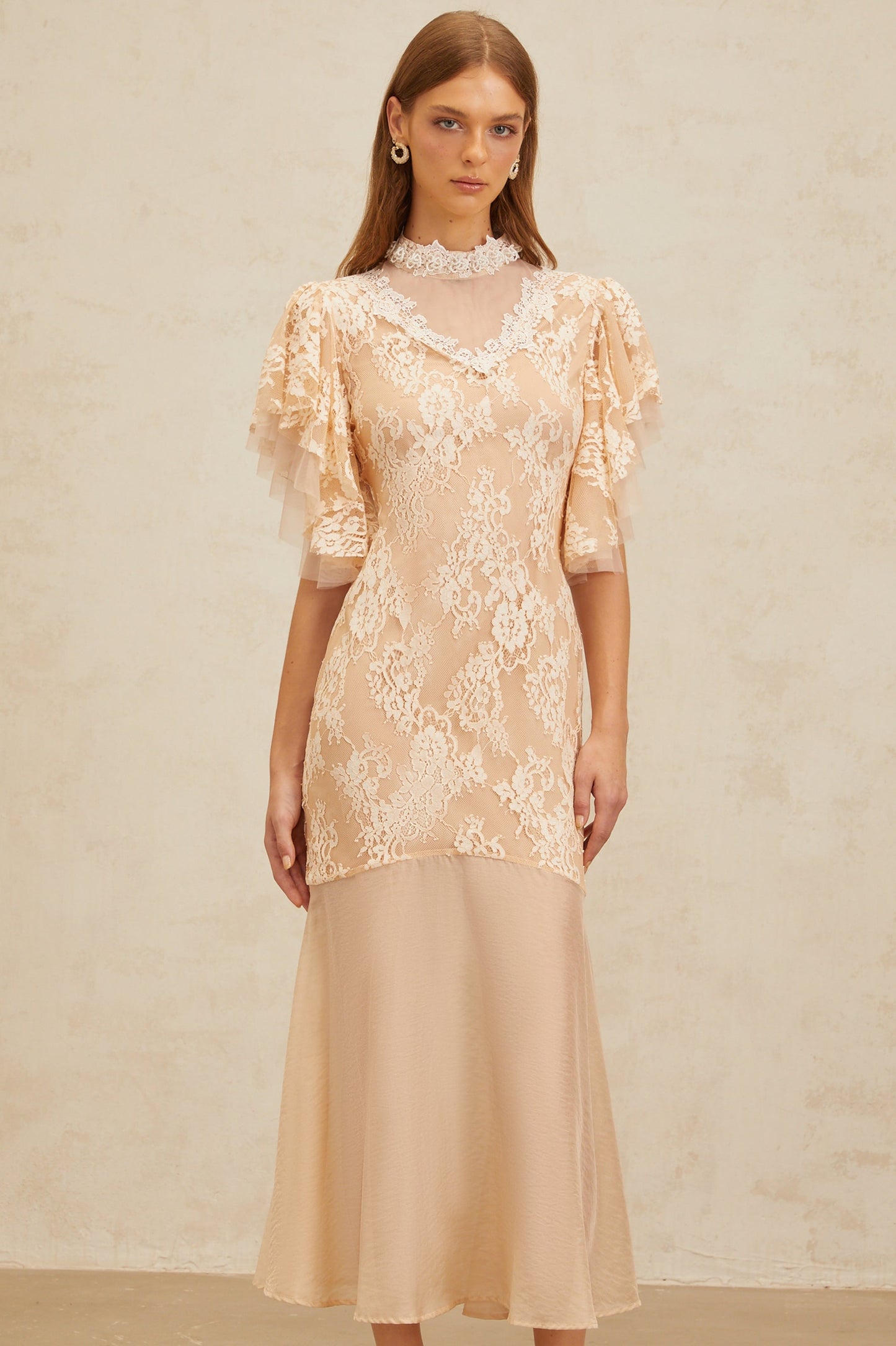 Annabelle Embellished Floral Lace Panelled Midi Dress in Neutrals