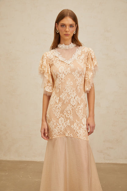 Annabelle Embellished Floral Lace Panelled Midi Dress in Neutrals