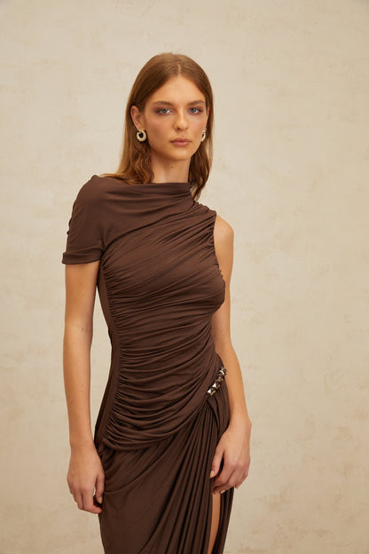 Prune Brown Night Out Asymmetrical Ruched Midi Dress