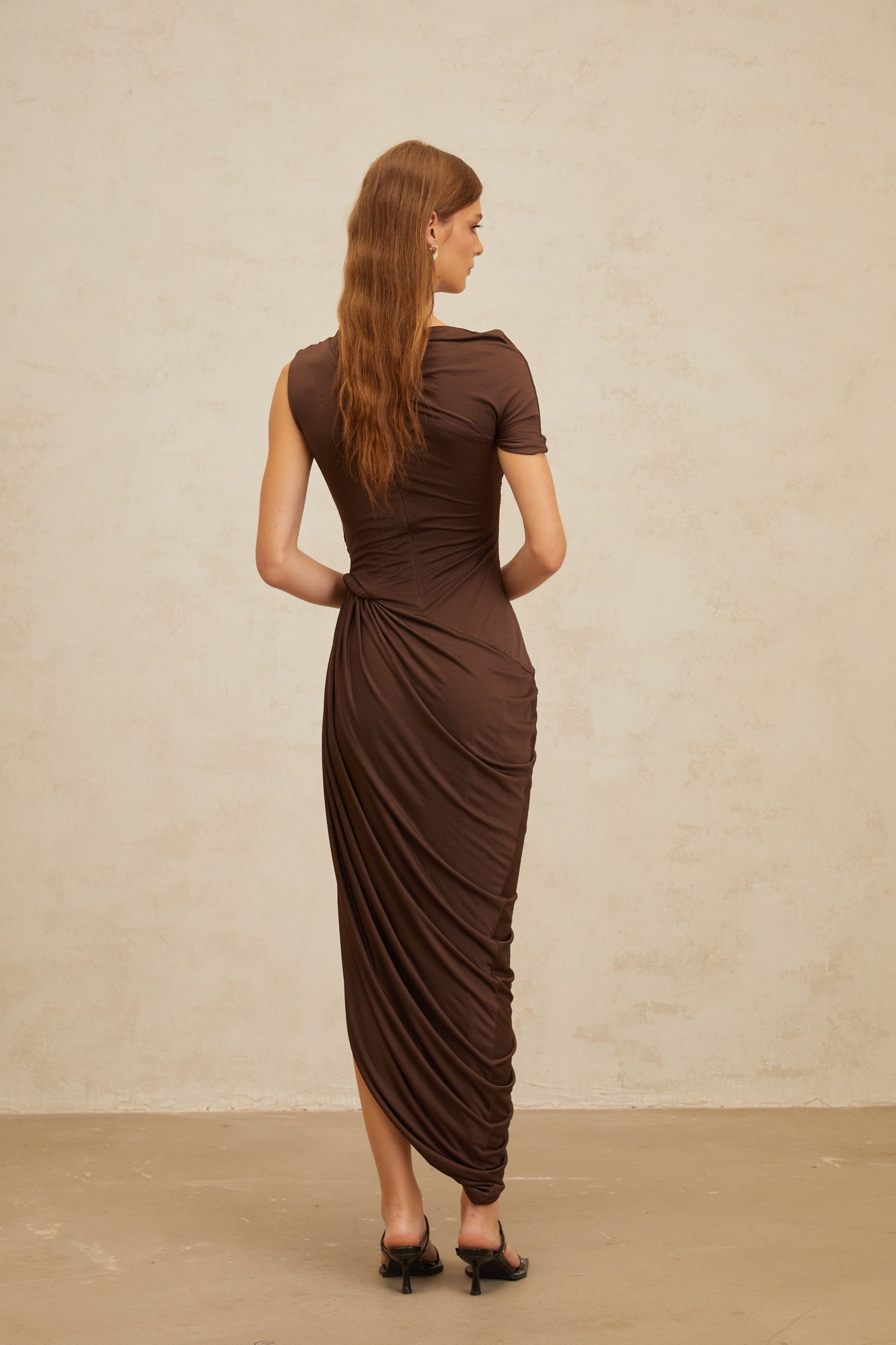 Prune Brown Night Out Asymmetrical Ruched Midi Dress