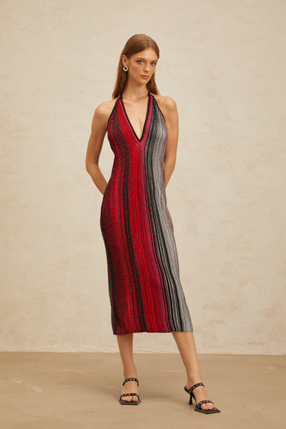 Amaryllis Red Sequined Striped Knit Midi Dress
