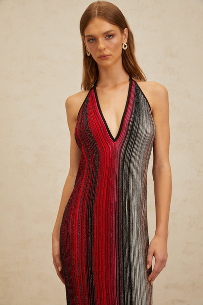 Amaryllis Red Sequined Striped Knit Midi Dress
