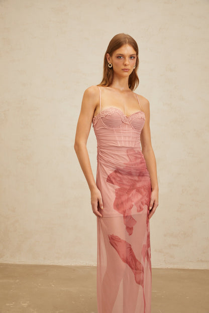 Amandine Pink Floral Print Tulle Maxi Dress