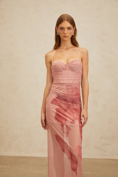 Amandine Pink Floral Print Tulle Maxi Dress