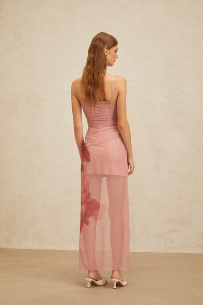 Amandine Pink Floral Print Tulle Maxi Dress
