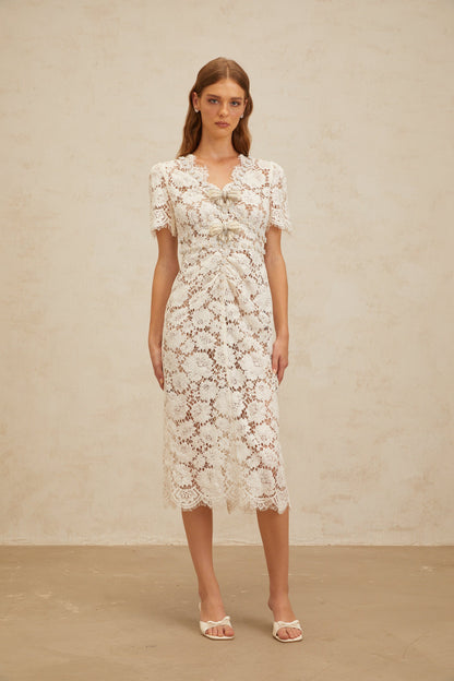 Aurore White Floral Lace Pencil Midi Dress