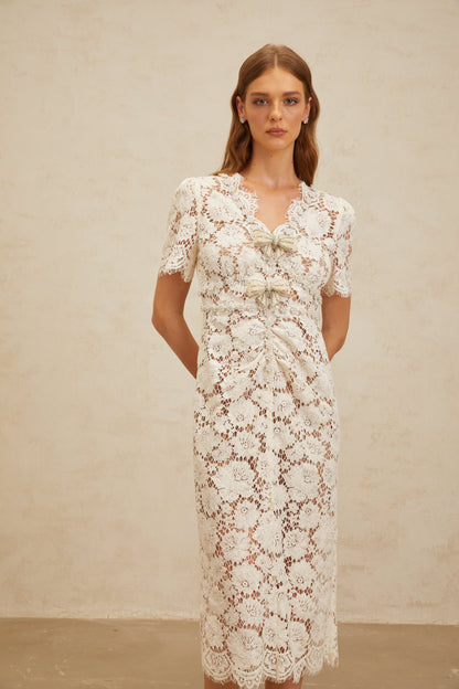 Aurore White Floral Lace Pencil Midi Dress