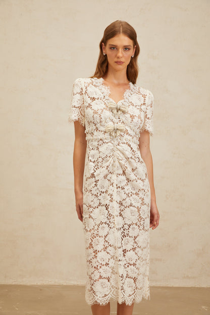 Aurore White Floral Lace Pencil Midi Dress