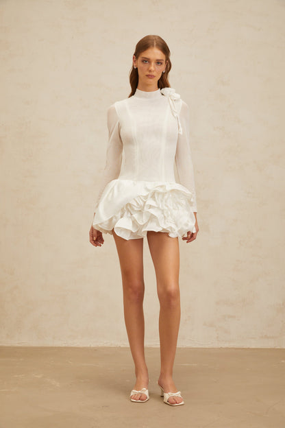 Léonor White 3D Petal Puff Mini Dress