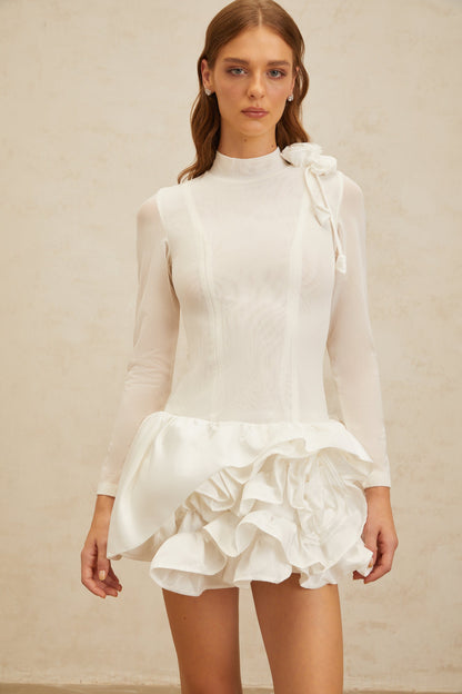 Léonor White 3D Petal Puff Mini Dress