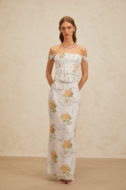 Béryl Soft-Blue Floral Print Fitted Maxi Dress