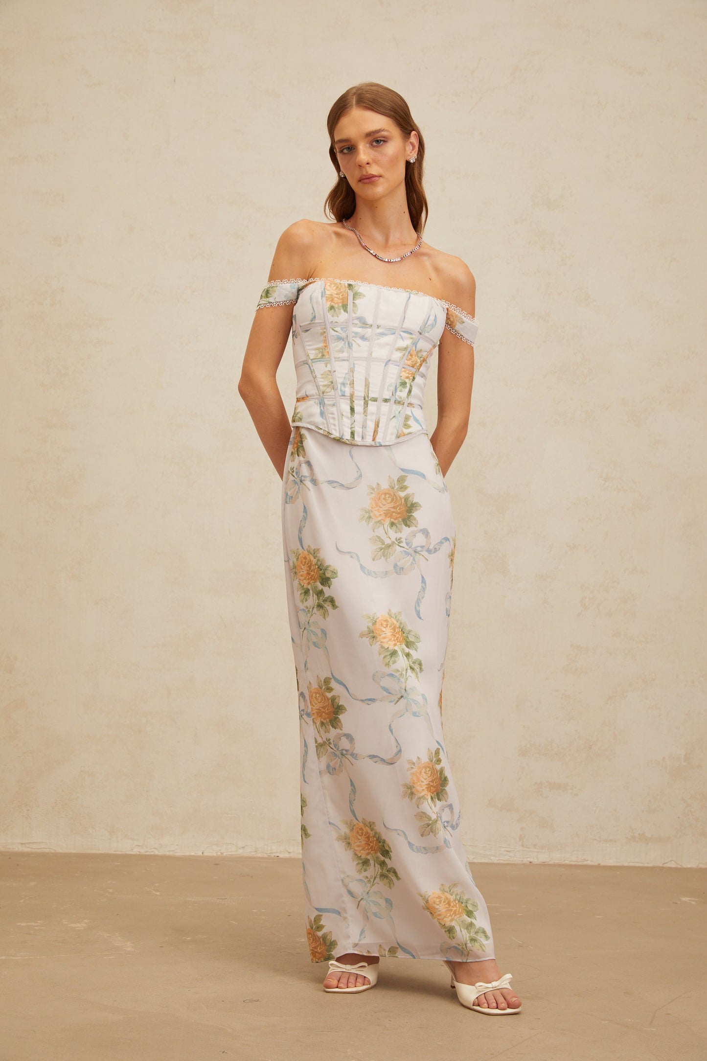 Béryl Soft-Blue Floral Print Fitted Maxi Dress