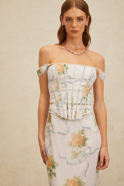 Béryl Soft-Blue Floral Print Fitted Maxi Dress